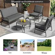 4-zits buiten Bankstel - Tuinmeubelset - Tuinbank - Voor Tuin of Terras - Met 2 Koffietafels & Verwijderbare Kussens - Gegalvaniseerd Staal - Grijs