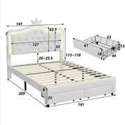 Kinderbed voor meisjes - 140x200cm - Gestoffeerd bed met 2 lades - LED-verlichting en rugleuning - Lattenbodem - Twijfelaar