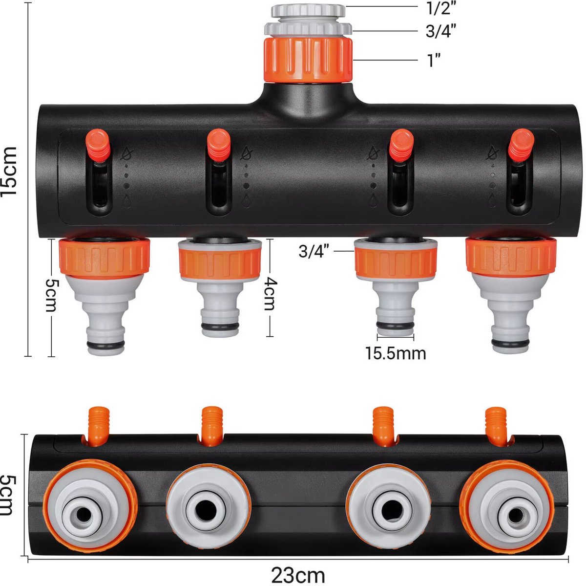Tuinslangadapter - Aansluit 4-set - Tuinspuit - Aansluitset - Slangsplitter met Klep voor Buitenirrigatie - Aluminiumlegering & ABS Connectoradapter