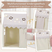 Kindertent - Speeltent - Voor Jongens & Meisjes (1-8 Jaar) - Speelhuis met Mat, Verlichting & Vlagbanner - Voor binnen - Inclusief Ramen - Beige