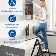 Huishoudtrap - Keukentrap - 3 treden - Ladder Aluminium - Opstapkruk met anitslip - Lichtgewicht - 150KG Belastbaar - Zwart