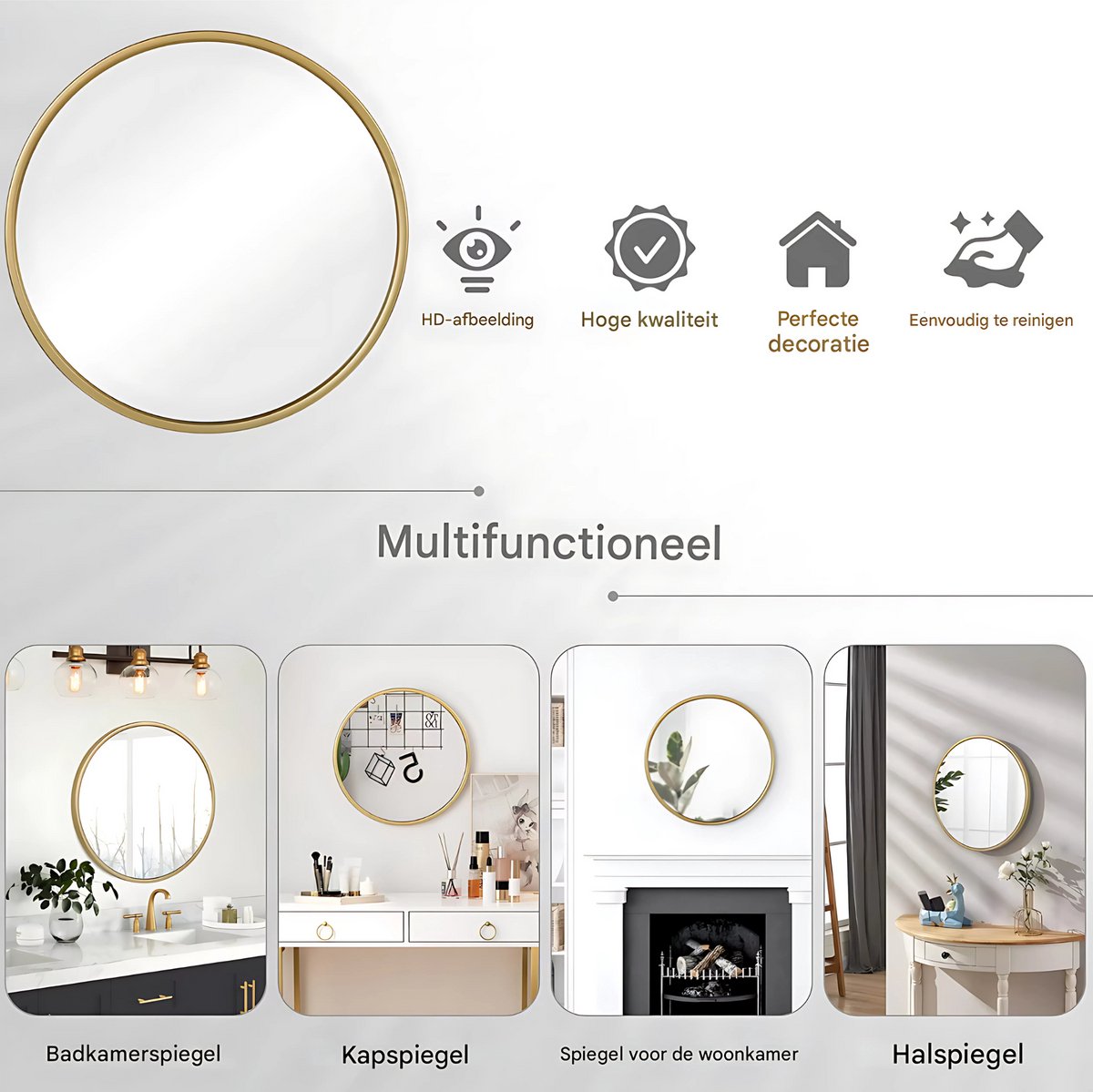 Ronde Wandspiegel - Stijlvolle Ophangspiegel met Gouden Metalen Frame - Geschikt voor Badkamer, Slaapkamer, Woonkamer en Hal - 80x80cm