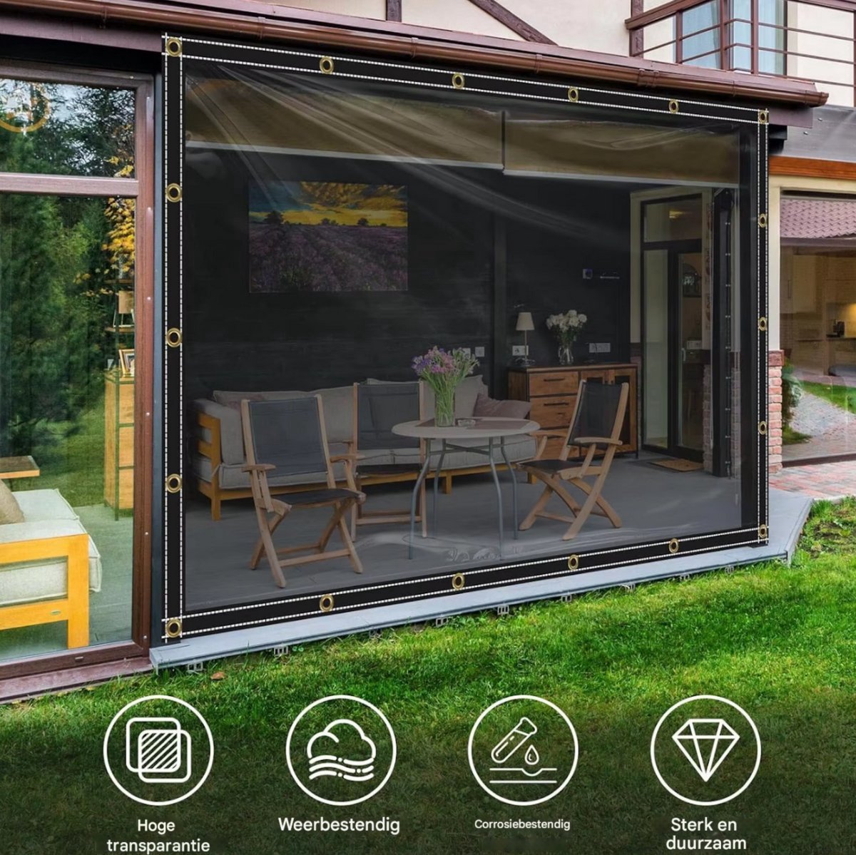 PVC Zeil Valora - Met oogjes - Weerbestendig - Zeildoek - Voor veranda, kas, terras, tuin - Waterdicht & UV-bestendig - Donkergrijs transparant - 300x400cm