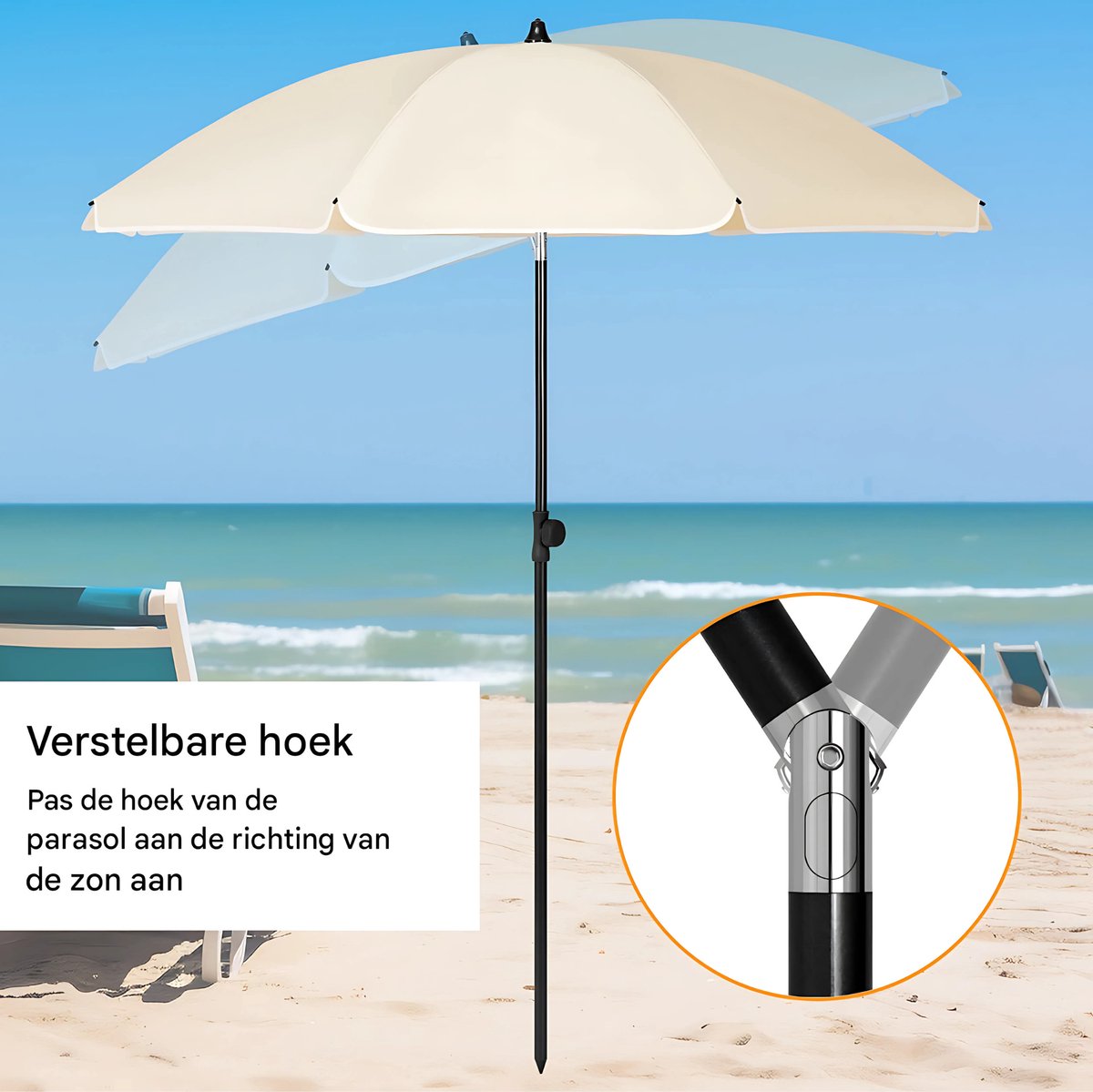Ronde Parasol - Voor Balkon, Strand of Tuin - Verstelbaar & 45° Kantelbaar - UV-Resistent & Waterdicht - Beige 155cm