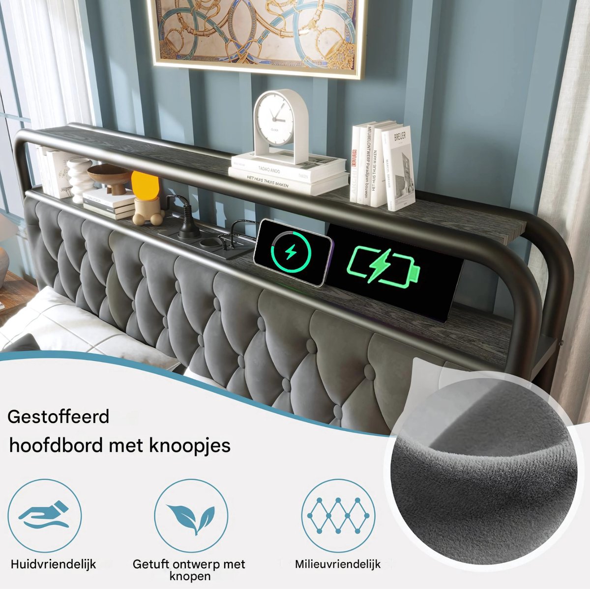 Bed - Tweepersoonsbedden - Tweepersoonsbed - USB C Oplaadfunctie APP-bediening LED Metalen bed - 140x200 - bedframe 4 Laden Fluweel