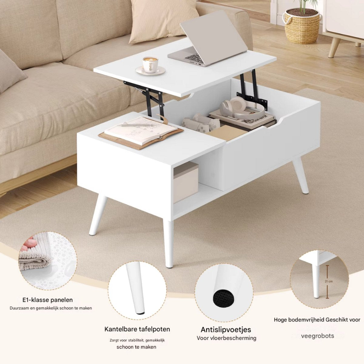 Salontafel Dulvia- Wit - Tafel voor woonkamer - Met opbergruimte en hefplank - Laptoptafel
