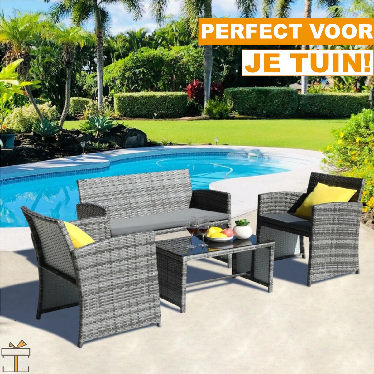 Happyment Tuinset 4 persoons - Wasbare kussens - Tuintafel met stoelen - Tuinsets - Loungeset tuinmeubels