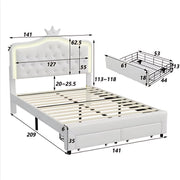 Kinderbed Fioren voor meisjes - 140x200cm - Gestoffeerd bed met 2 lades - LED-verlichting en rugleuning - Lattenbodem - Twijfelaar