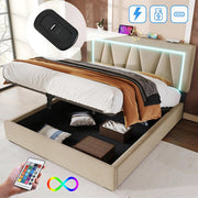 Bed - Tweepersoonsbedden - Tweepersoonsbed - Twijfelaar - Voor Slaapkamer - Met LED-verlichting, USB-C Oplaadfunctie, Lattenbodem & Opbergruimte - Linnen Bekleding - Inclusief Matras - 140x200 cm
