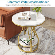 Moderne Bijzettafel met 2 Lagen - Marmerlook - Goud - Voor woonkamer of slaapkamer - Tafeltje