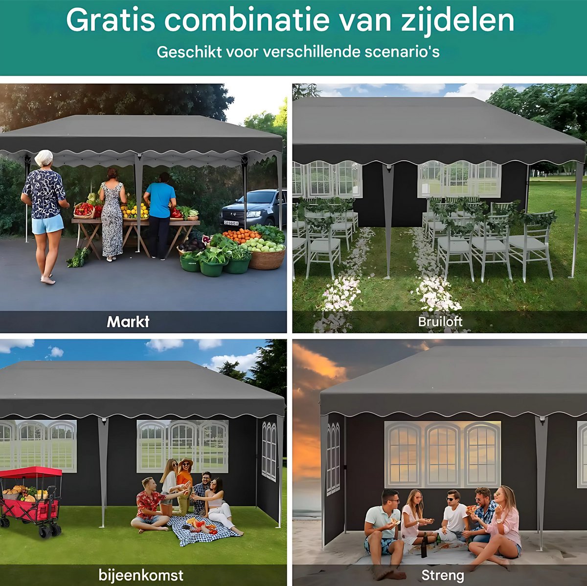 Luxe partytent - Opvouwbaar - Met zijwanden - Zwart - 300x600cm - Easy up - Paviljoen - Waterdicht weerbestendig - In hoogte verstelbaar