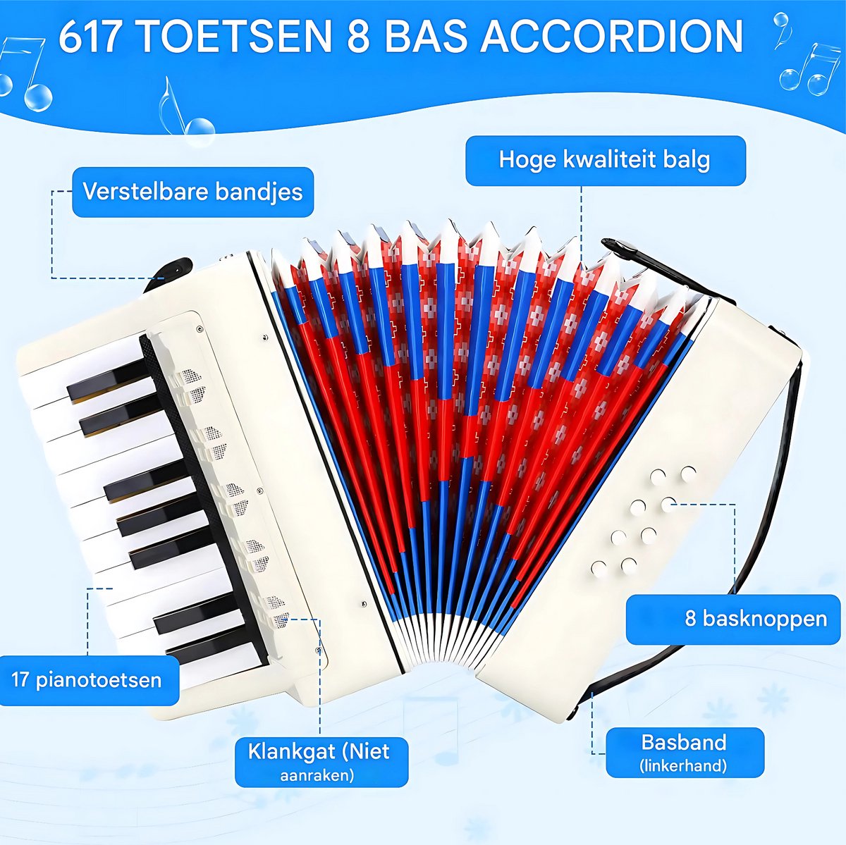 Accordeon voor Kinderen 17 Toetsen - Muziekspeelgoed - 8 Bas, Geschikt voor Beginners en Volwassenen - Educatief Muziekinstrument voor Jongens en Meisjes