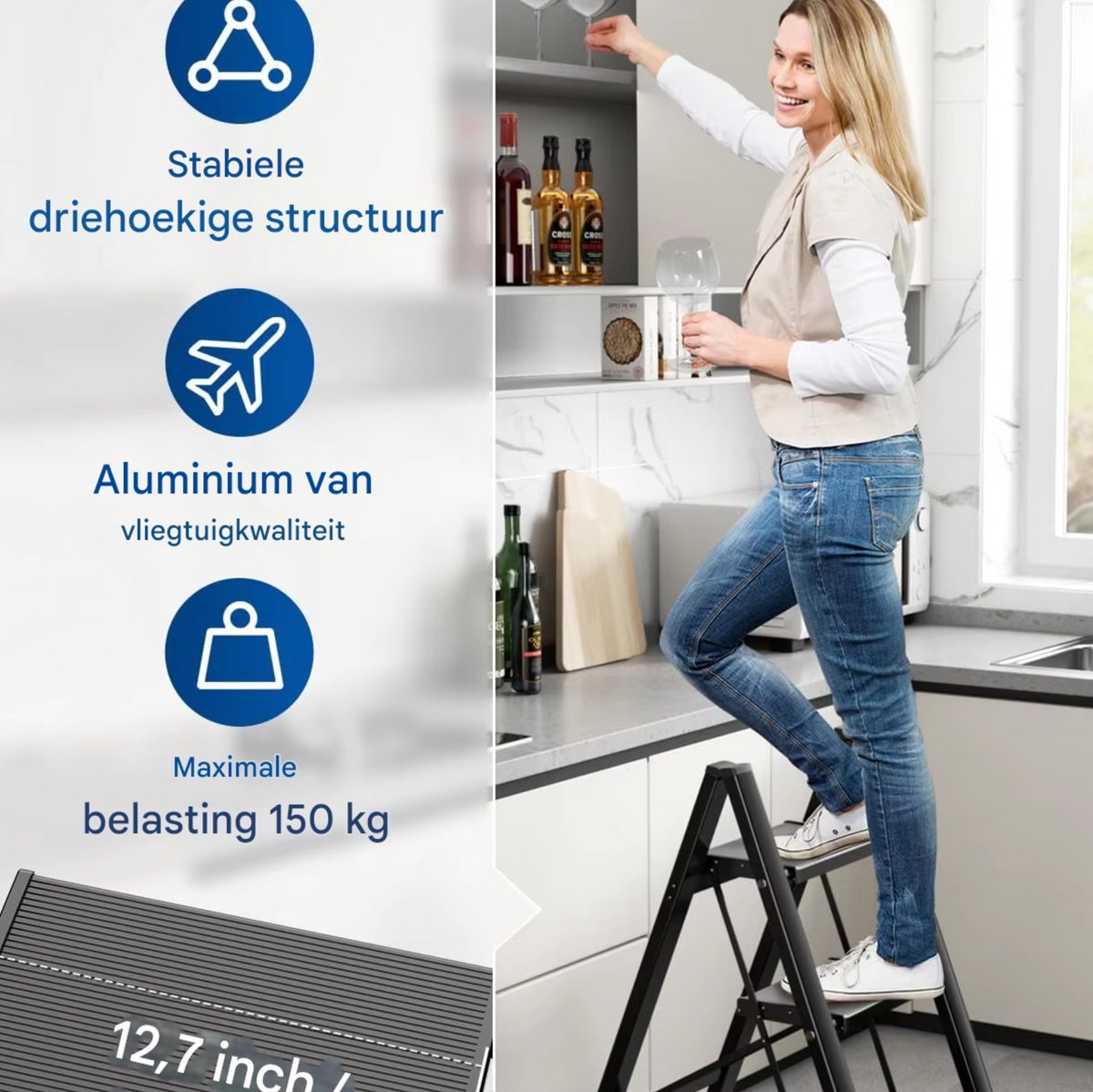 Huishoudtrap - Keukentrap - 4 treden - Ladder Aluminium - Opstapkruk met anitslip - Lichtgewicht - 150KG Belastbaar - Zwart