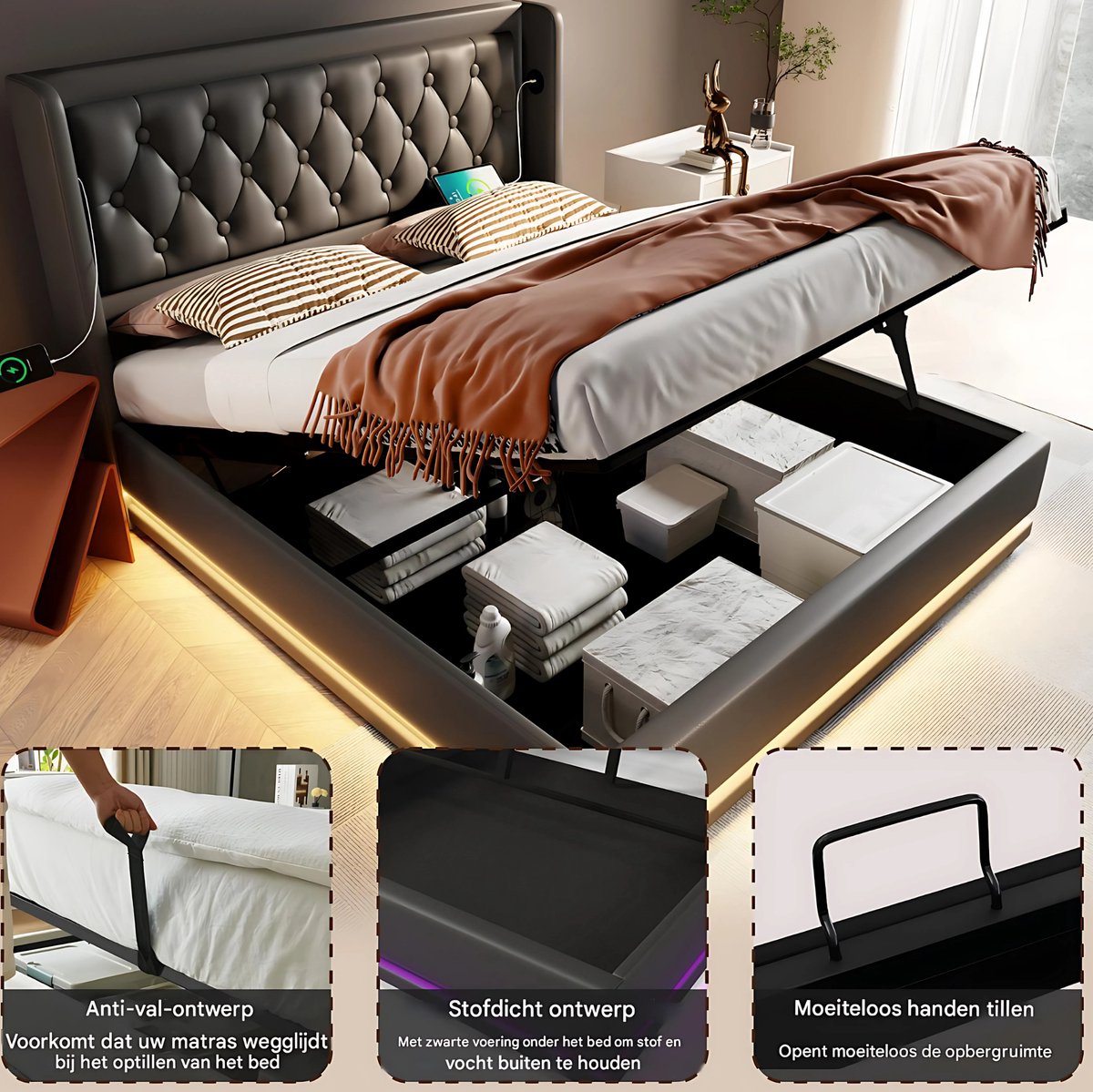 Bed - Tweepersoonsbedden - Tweepersoonsbed - Voor Slaapkamer - Tweepersoonsbed met USB-C, 3-zijdig Hoofdeinde & LED-verlichting - Hydraulisch met Opbergruimte - Zwart PU Leer - 160x200