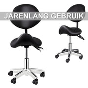 Ergonomische Rollende Zadelstoel - Bureaukruk - Werkkruk - Tabouret - Zadelstoel - met Wielen & Rugleuning - Voor Kapper & Spa - Zwart