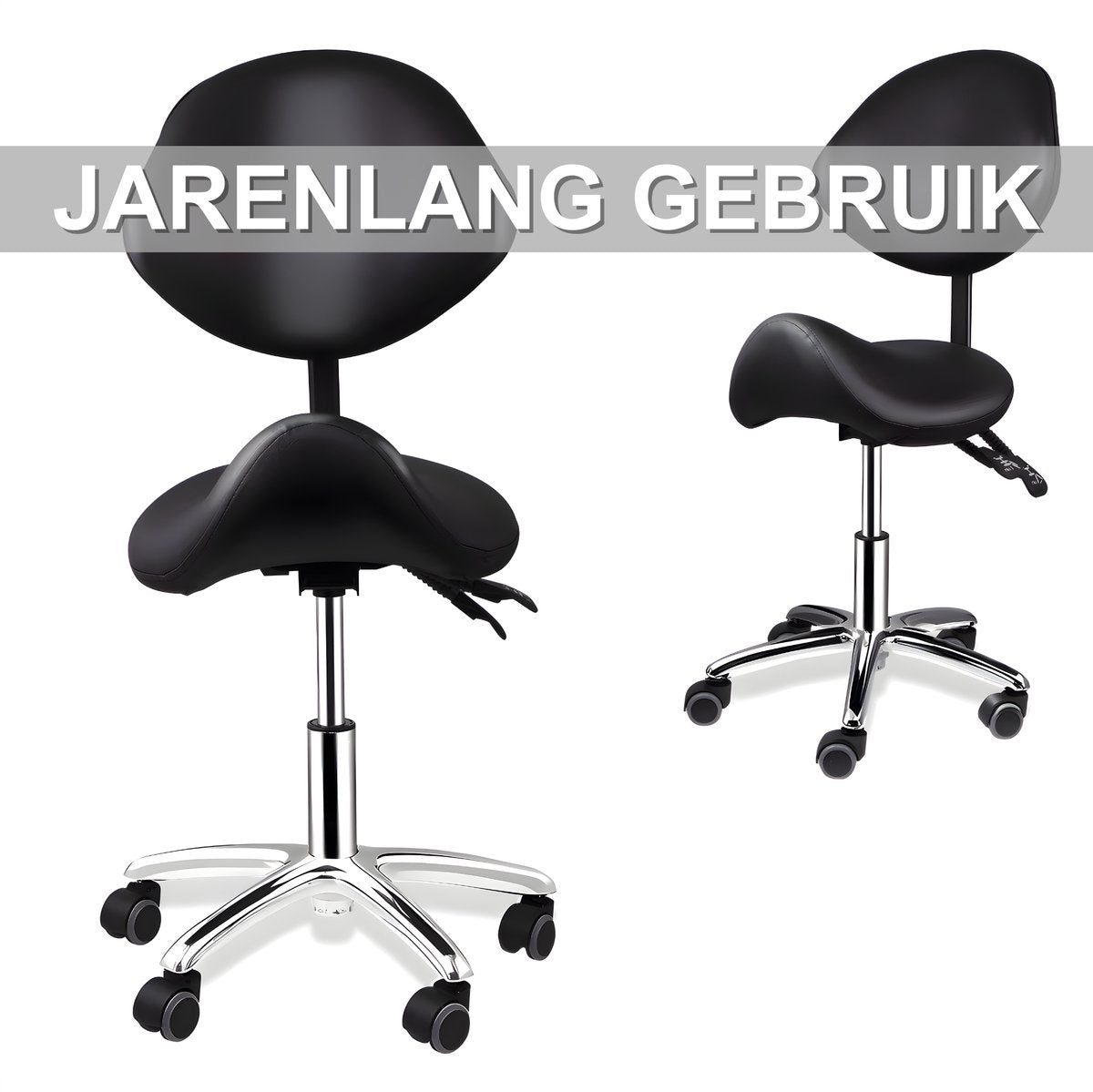 Ergonomische Rollende Zadelstoel - Bureaukruk - Werkkruk - Tabouret - Zadelstoel - met Wielen & Rugleuning - Voor Kapper & Spa - Zwart
