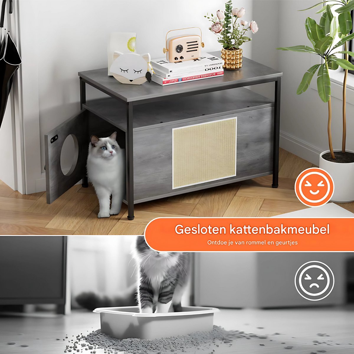 Houten Kattenbak Tavien - Verborgen Kattenbak Meubilair met Plank - Opbergkast voor Binnen - Huisdier Krat en Bijzettafel - Voor huisdieren - Bruin