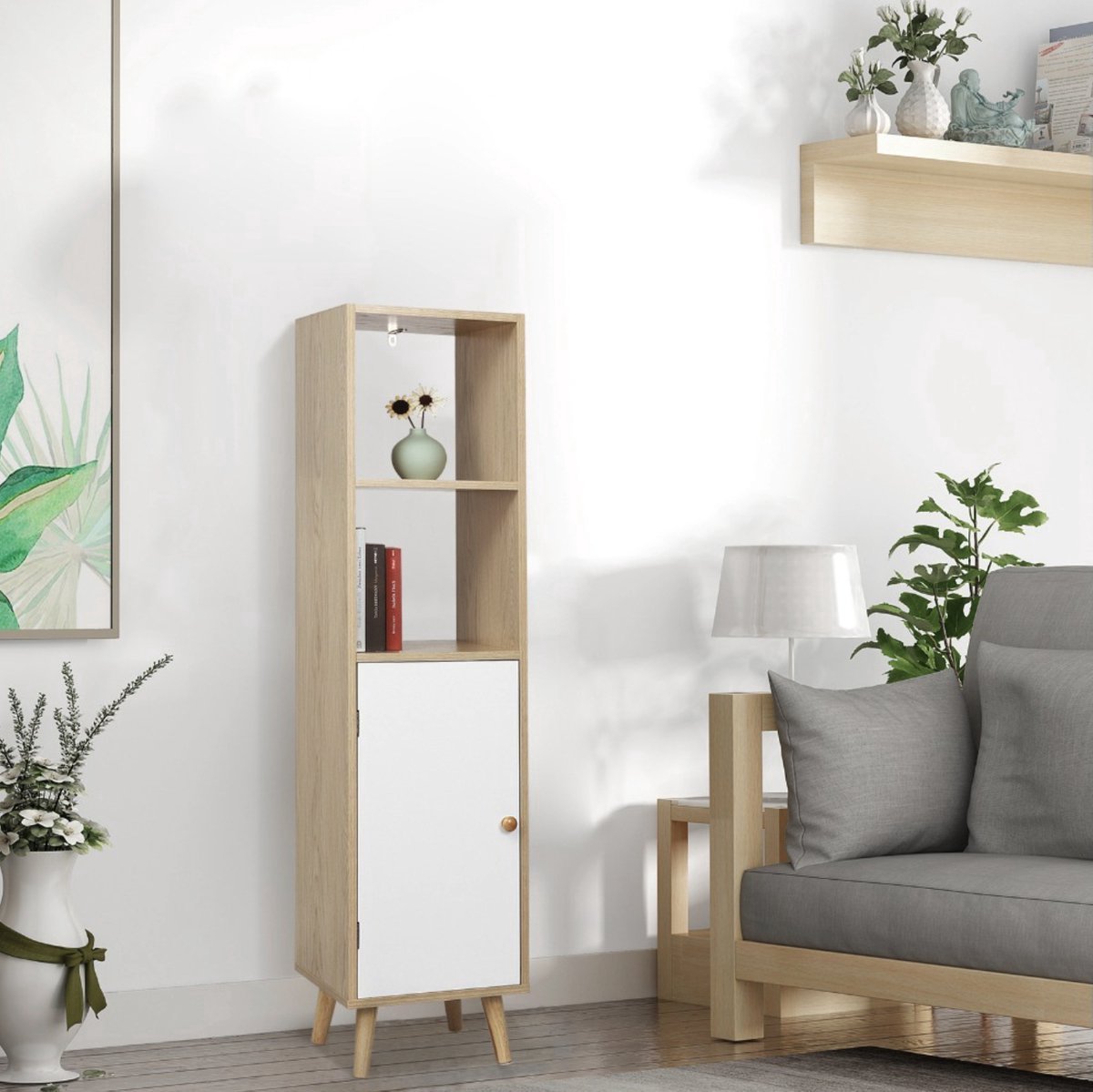 Boekenkast - 4 Lagen met Deur - Wit/Oak - Boekenplank voor Woonkamer, Slaapkamer en Kinderkamer - 33x30x133cm - Hout