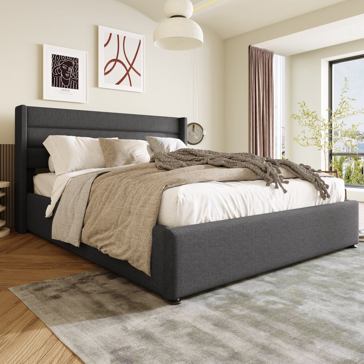 Bed - Opbergbed - Opbergruimte - met Hydraulisch Systeem - Voor Slaapkamer - met Houten Lattenbodem & Metalen Frame - Grijs Linnen - 140x200 cm