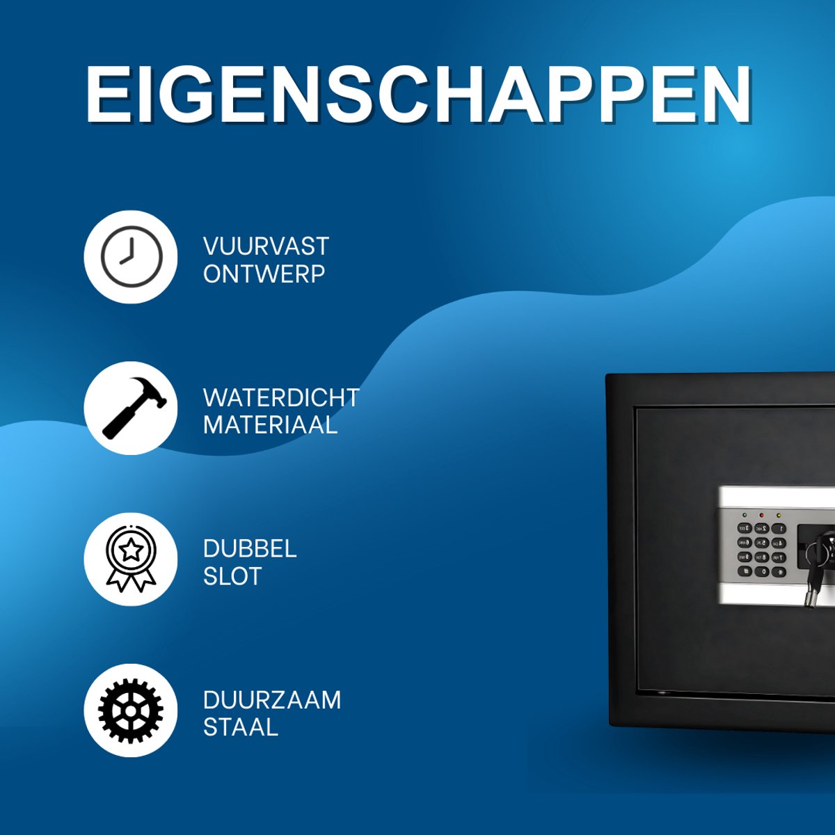 Kluis Nero - 37cm - Brandwerend en waterdicht - Kluisjes met cijferslot - 2 sleutels - Digitaal toetsenbord - Zwart