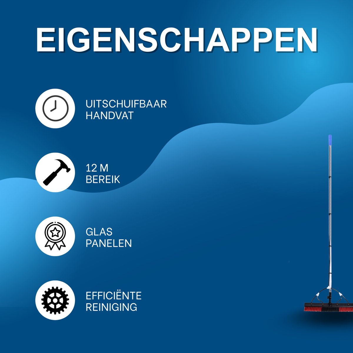 Reinigingsborstel - Voor zonnepanelen en glazen daken - Verstelbare, uitschuifbare glazenborstel - 12 m