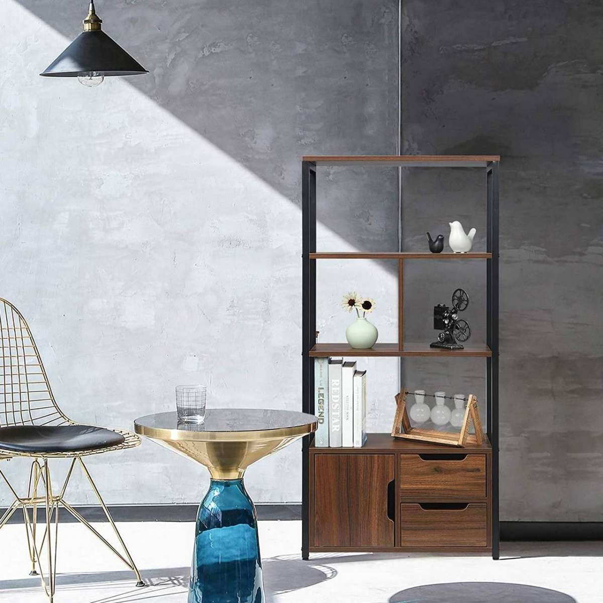 Happyment Boekenkast industrieel - 4 Lagen - Donkerbruin - 1 Deur en 2 Lades - Boekenrek - Woonkamer, slaapkamer en kinderkamer - Hout/Metaal - 58 x 24 x 120 cm