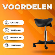 Zadelkruk op wielen - Ergonomische Kruk - Kapperskruk- Tabouret- In Hoogte Verstelbaar - PU Leer met Wielen- Zwart