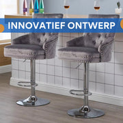 Barkrukken Opulence - Luxe Set van 2 - Met rugleuning - Grijs - Velvet - Verstelbaar - Voor Keuken, Bar of woonkamer - Draaibaar