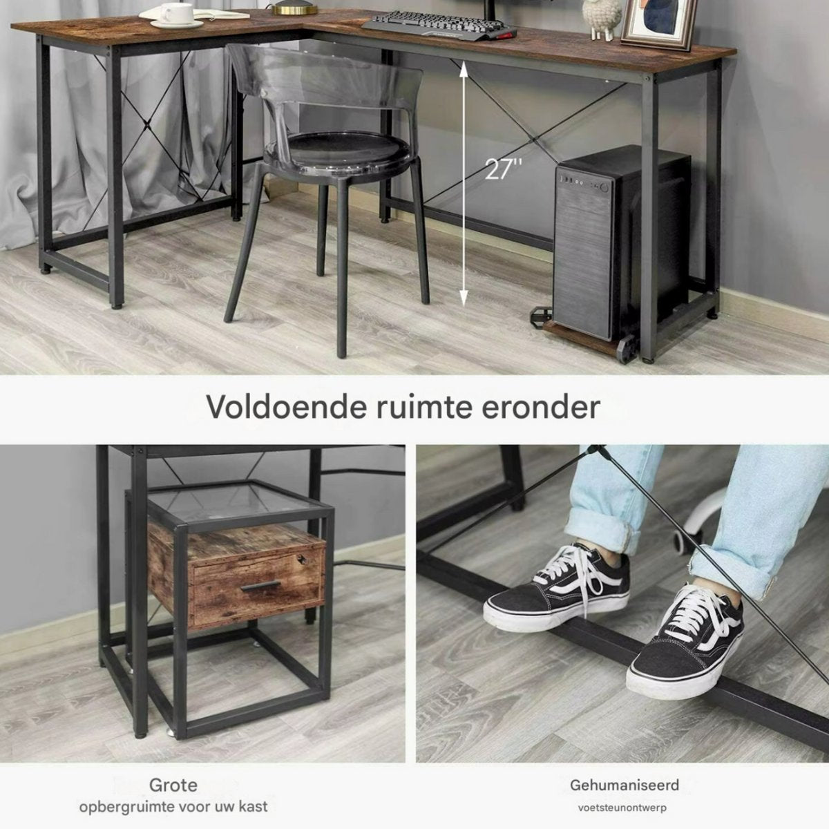 L-vormig Hoekbureau - Voor Thuiswerken, Gaming & Kantoor - Ruim PC & Laptop Werkstation - 167 cm - Retro