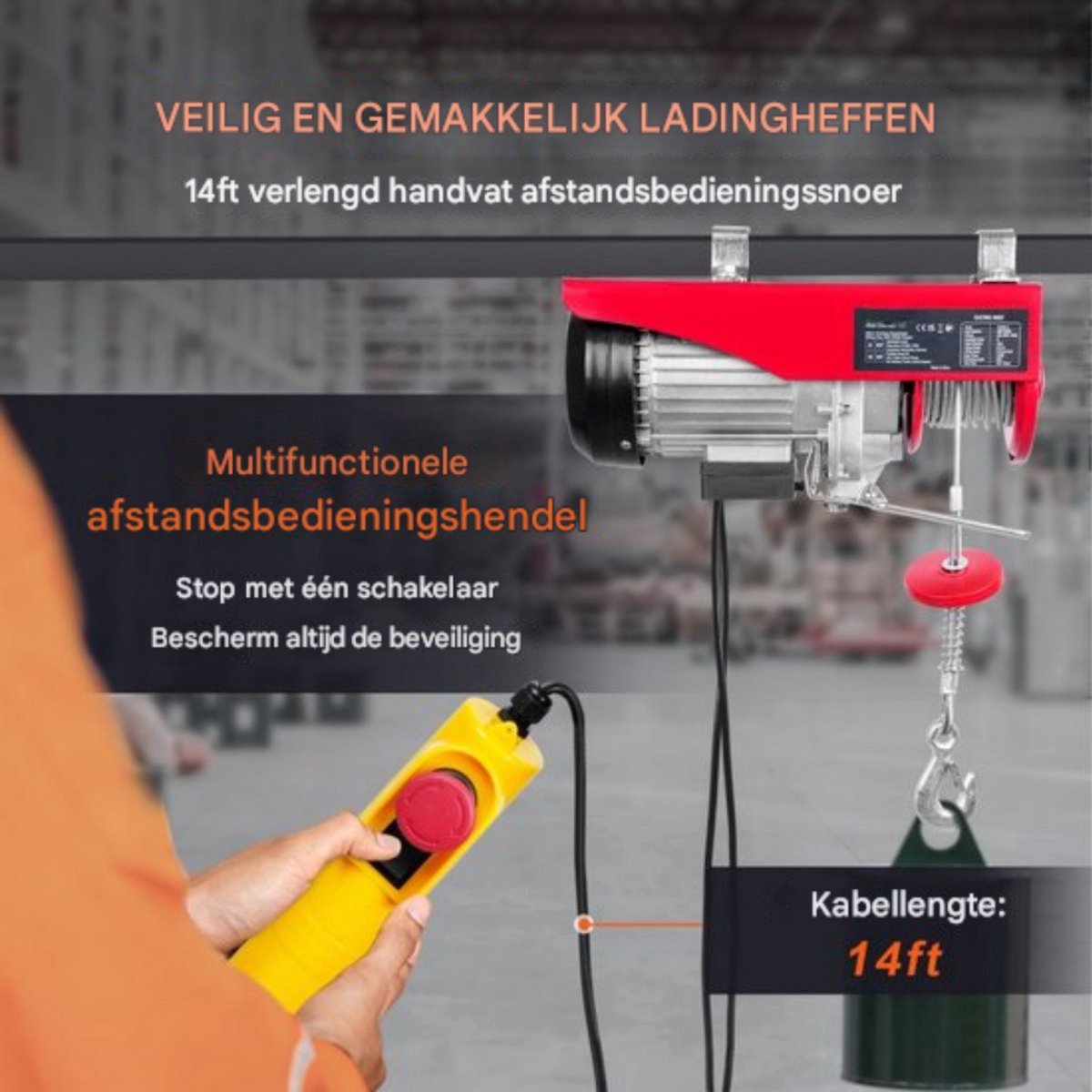 Elektrische Lier - 300-600 kg - Takel - Kabeltakel - 12 m Hefhoogte - 10 m/min - Met afstandbediening