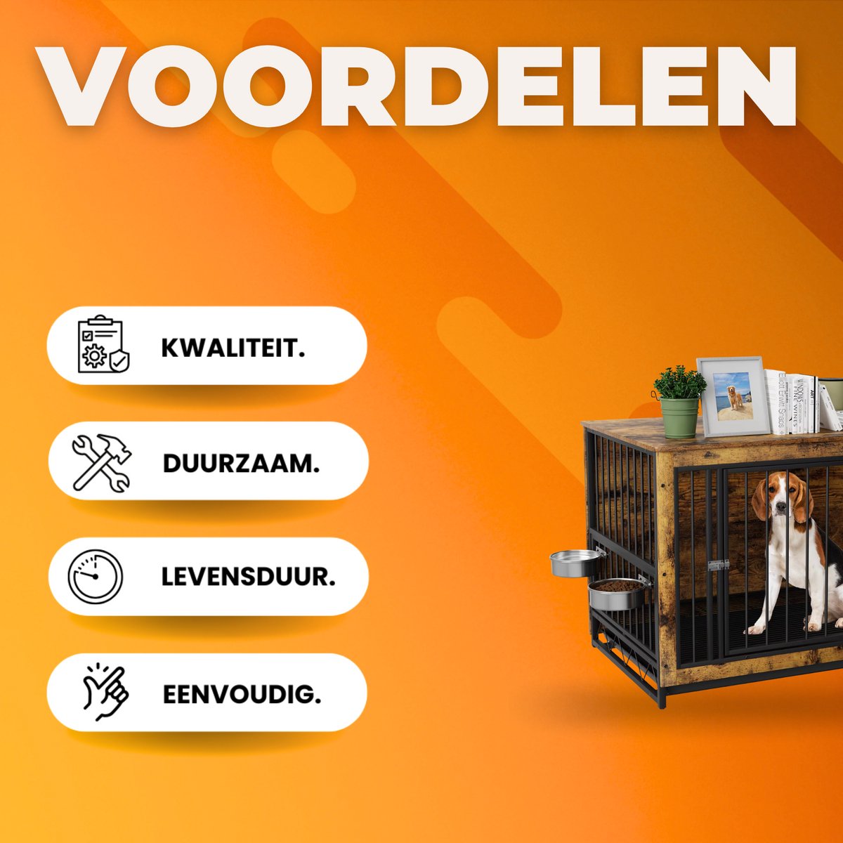 Houten Hondenbenche - Hondenren - Hondenkrat Bijzettafel met Afneembare Kommen en Dienblad - Dubbele Deuren Hondenkennel voor Middelgrote Honden Binnen - 99 x 63 x 72 cm - Bruin