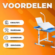 Kinderbureau met stoellade en leesstandaard - Voor kinderen, studietafel en stoel - Geschikt voor 3-10 jaar - Blauw - 66,5 x 50 x 54–76,5 cm