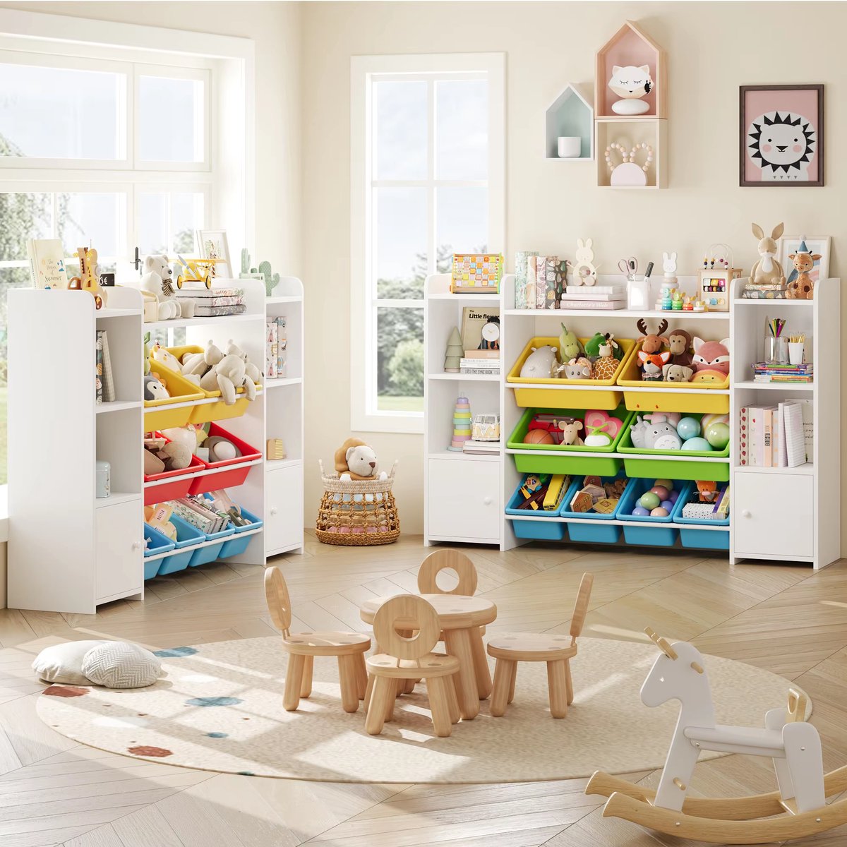 Speelgoedopbergkast – Kinderspeelkamer - Kinderboekenkast - Voor woonkamer, speelkamer en slaapkamer – Met 8 verwijderbare dozen en opbergplanken – 138,8×29,6×94,3 cm - Rood