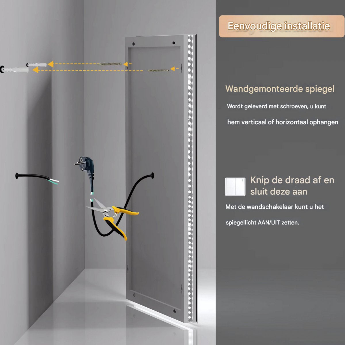 Badkamerspiegel Chateau - Met verlichting - 100x60cm - Spiegel voor Badkamer, Make-up & Wandmontage - Dimbaar licht