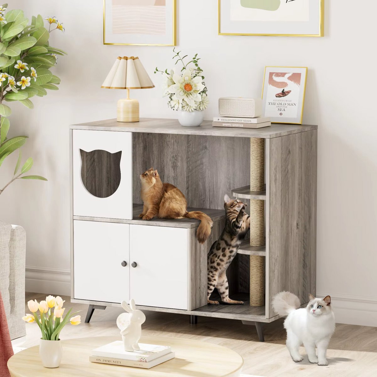 Grote Verborgen Kattenbakmeubilair - 3-Laags Planken met Kattenbakvanger - Kattenbakkast 100x92x50 cm voor de Woonkamer