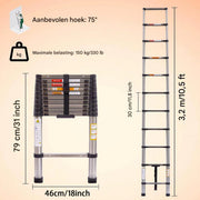 Telescopische Ladder Vareo - 3,2m - Uitschuifbare Multifunctionele Roestvrijstalen Ladder - Draagbare Stevige Zolderladder met EN131-standaard