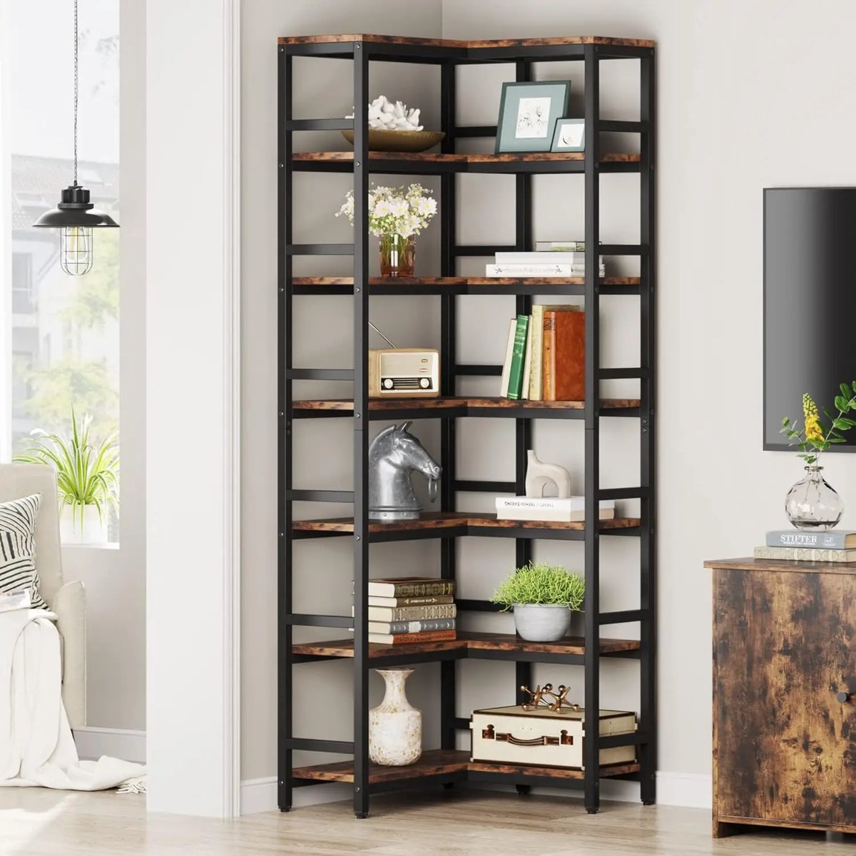 Hoekkast Dublin - Hoge vakkenkast 200cm - Boekenrek Hoekmeubel - Opbergrek 7 planken - Bruin