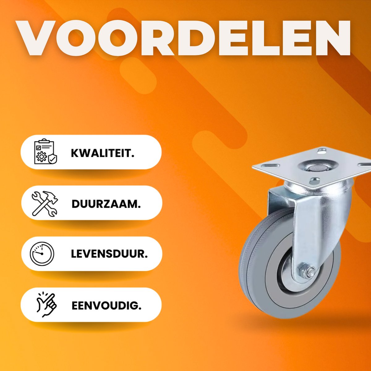 Zwenkwielen met rem - Set van 4 - Ø75 mm - Set van 4 - Transportrollen - Zware wielen - 150KG Draagvermogen