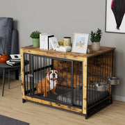 Houten Hondenbenche - Hondenren - Hondenkrat Bijzettafel met Afneembare Kommen en Dienblad - Dubbele Deuren Hondenkennel voor Middelgrote Honden Binnen - 100 x 68 x 64 cm - Bruin