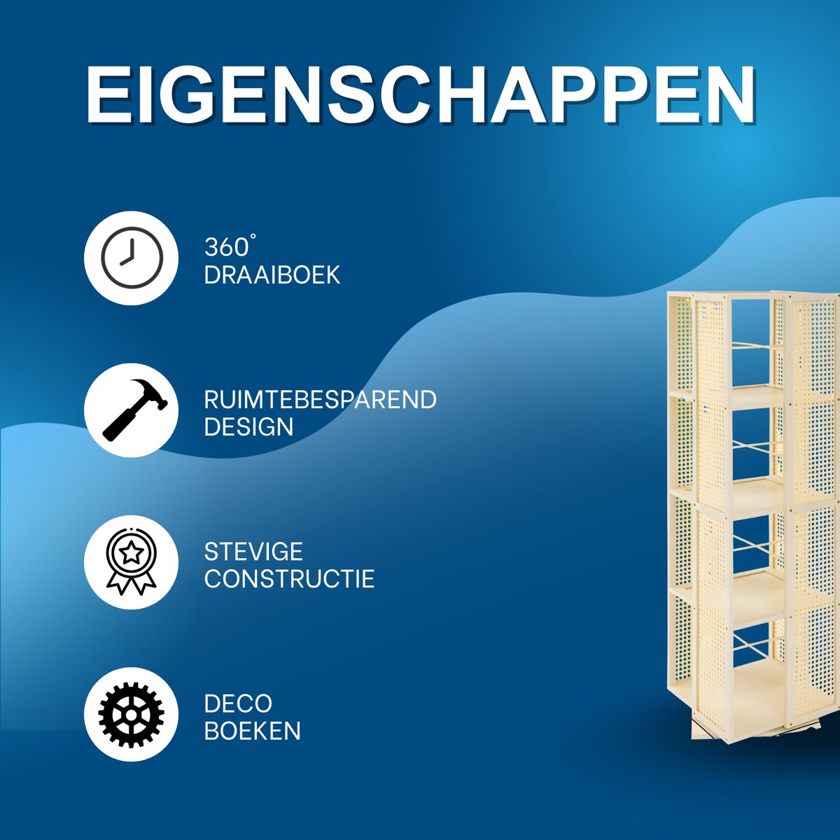 Draaibare boekenkast - Boekenrek - Opberruimte - Voor boekenopslag - Voor boeken en decoratie - 4-laags - 360° draaibaar ontwerp - Cream white