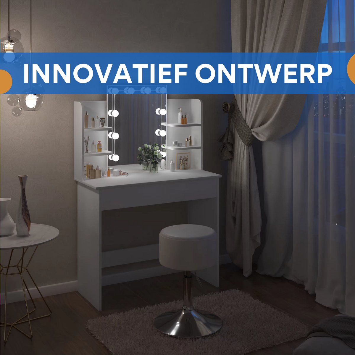 Kaptafel met LED Spiegel - Make-uptafel voor Slaapkamer - Met 2 Laden & 4 Opbergplanken - 90×40×125 cm