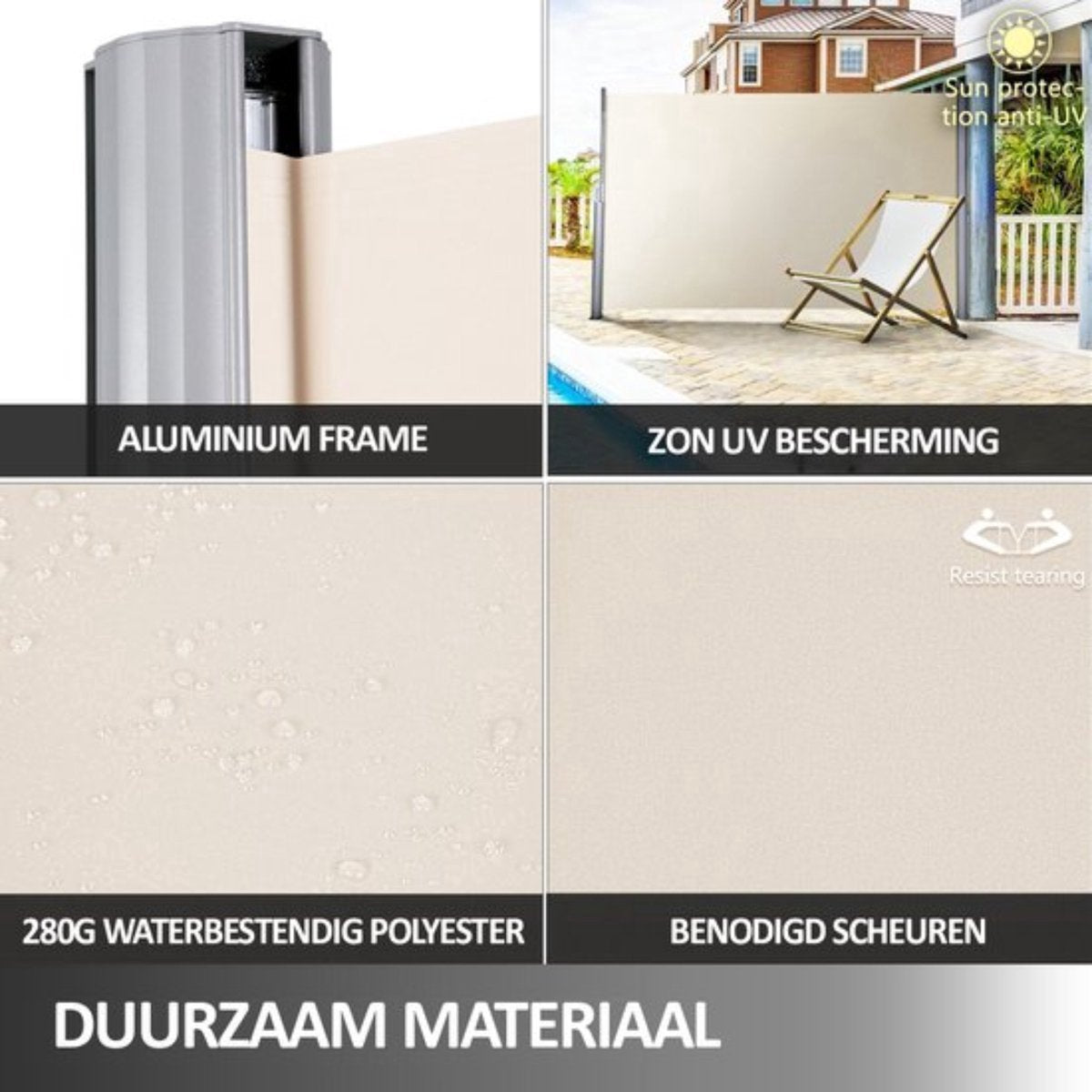 Luxe Windscherm - Uittrekbaar - Zonnescherm - Beige - 160x300cm - Tuinscherm - Zijluifel