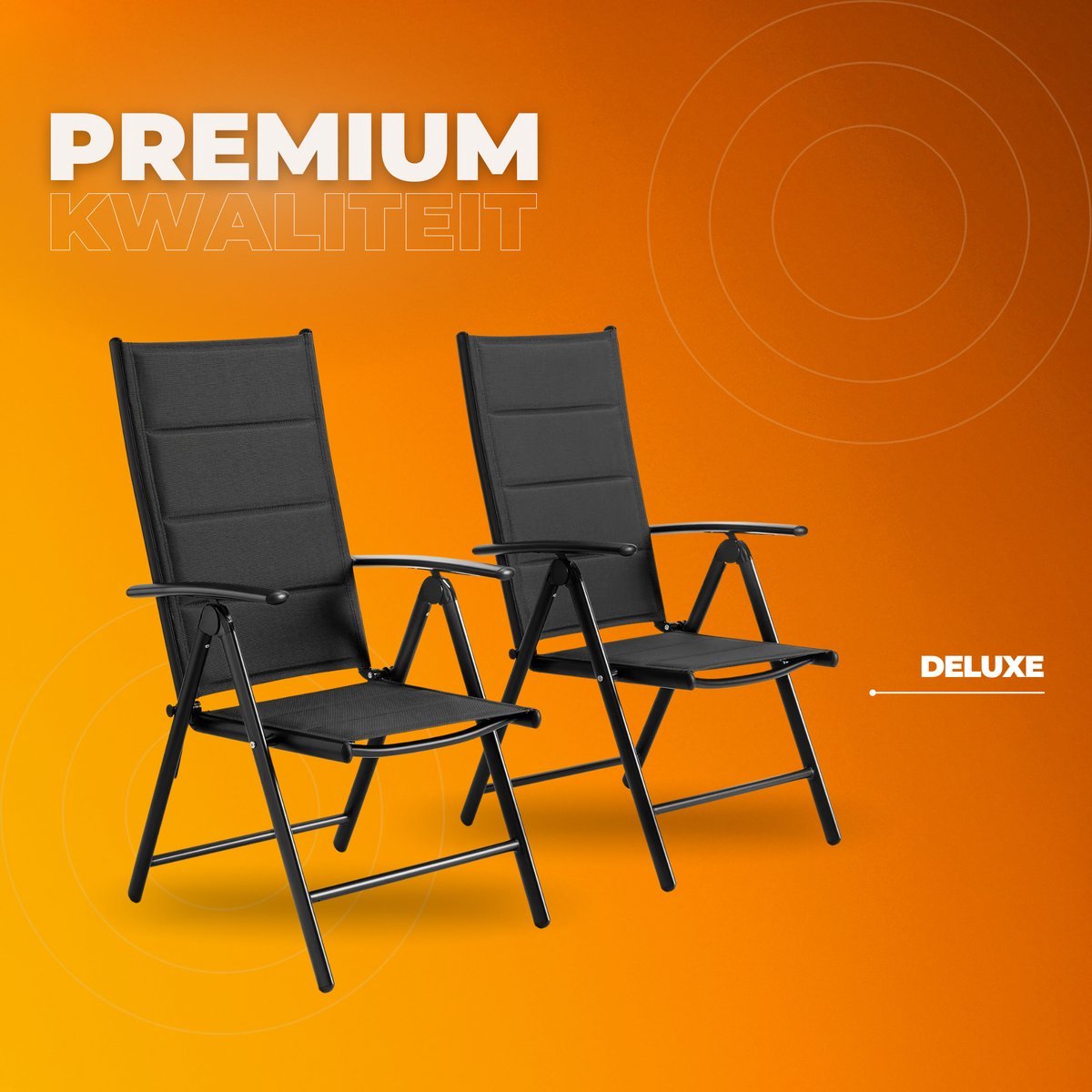 Tuinstoelen Tavien set van 2 - Inklapbaar - Lounge stoel - Rugleuning met 7 verstelbare instellingen, met armleuningen, weerbestendige buitenstoel aluminium structuur - Zwart