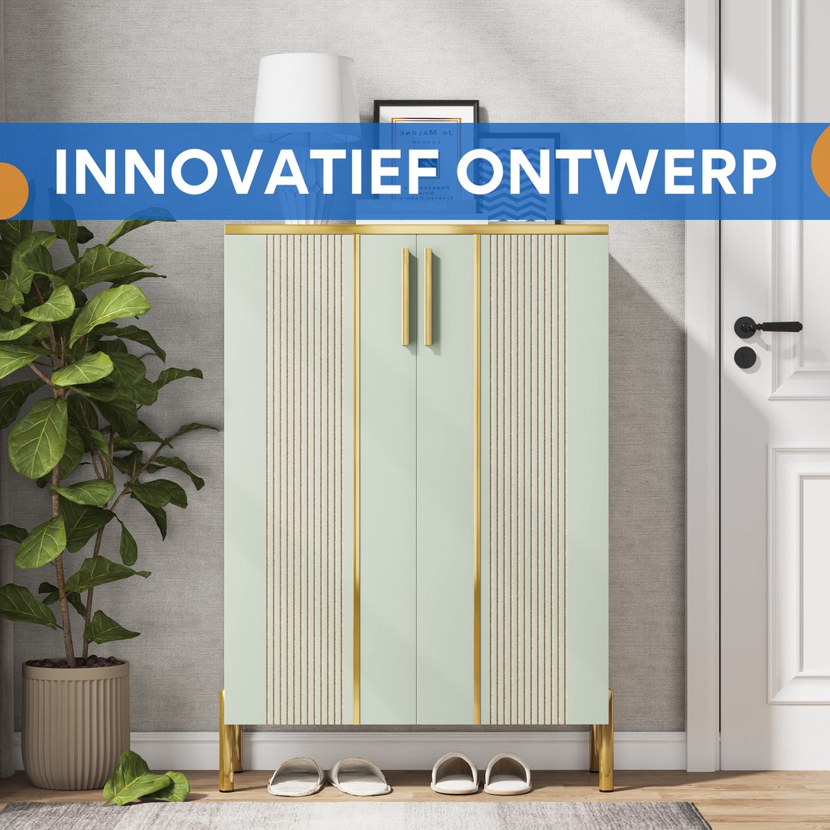 Schoenenkast Nero met deuren - Schoenenrek - 110cm - 6 laags - Houten opbergkast - Groen - 18 paar