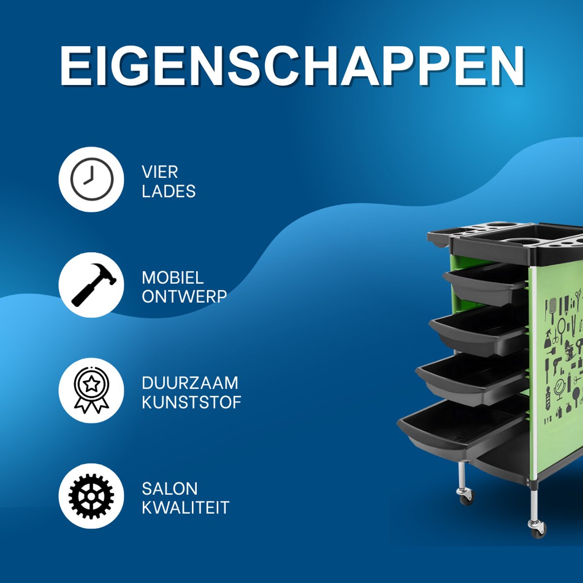 Kappers trolley Vera - Met wielen - Groen - Voor salons, spa’s en stylisten - Werkwagen