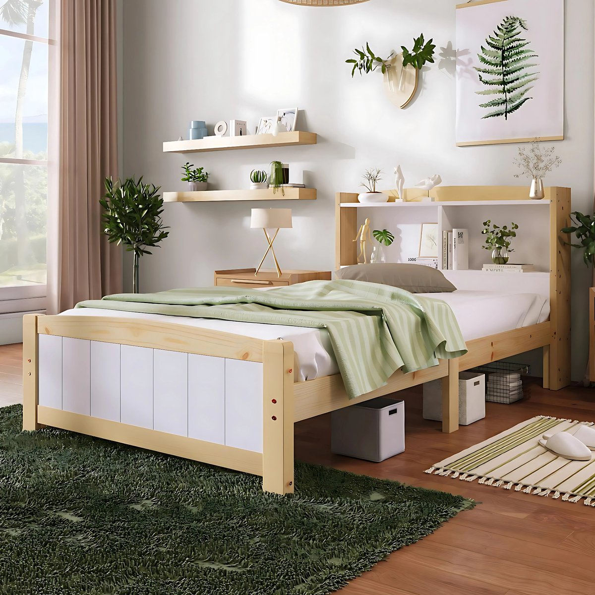 Eenpersoonsbed - Kinderbed - Kinderbedden - Voor Kinderen of Jeugd - Met Opberghoofdeinde & Lattenbodem - Grenenhout in Natuurlijk Wit - 90x200cm