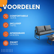 4-delig Tuin Loungeset - Tuinmeubelset - Voor Buitenruimte - Comfortabele Sofa met Tafel & Kussens - Zwart met Afneembare Hoezen
