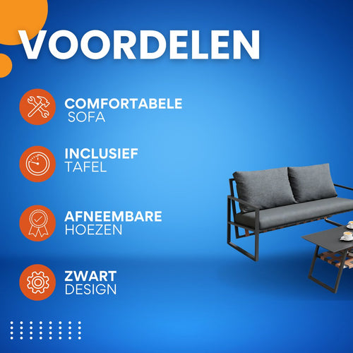 4-delig Tuin Loungeset - Tuinmeubelset - Voor Buitenruimte - Comfortabele Sofa met Tafel & Kussens - Zwart met Afneembare Hoezen