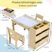 Kunsttafel en Stoelenset voor Kinderen - Houten Knutseltafel met 2 Stoelen, Opbergplanken, Canvas Bakken en Papierrol - Speeltafel voor de Kamer - Grijs