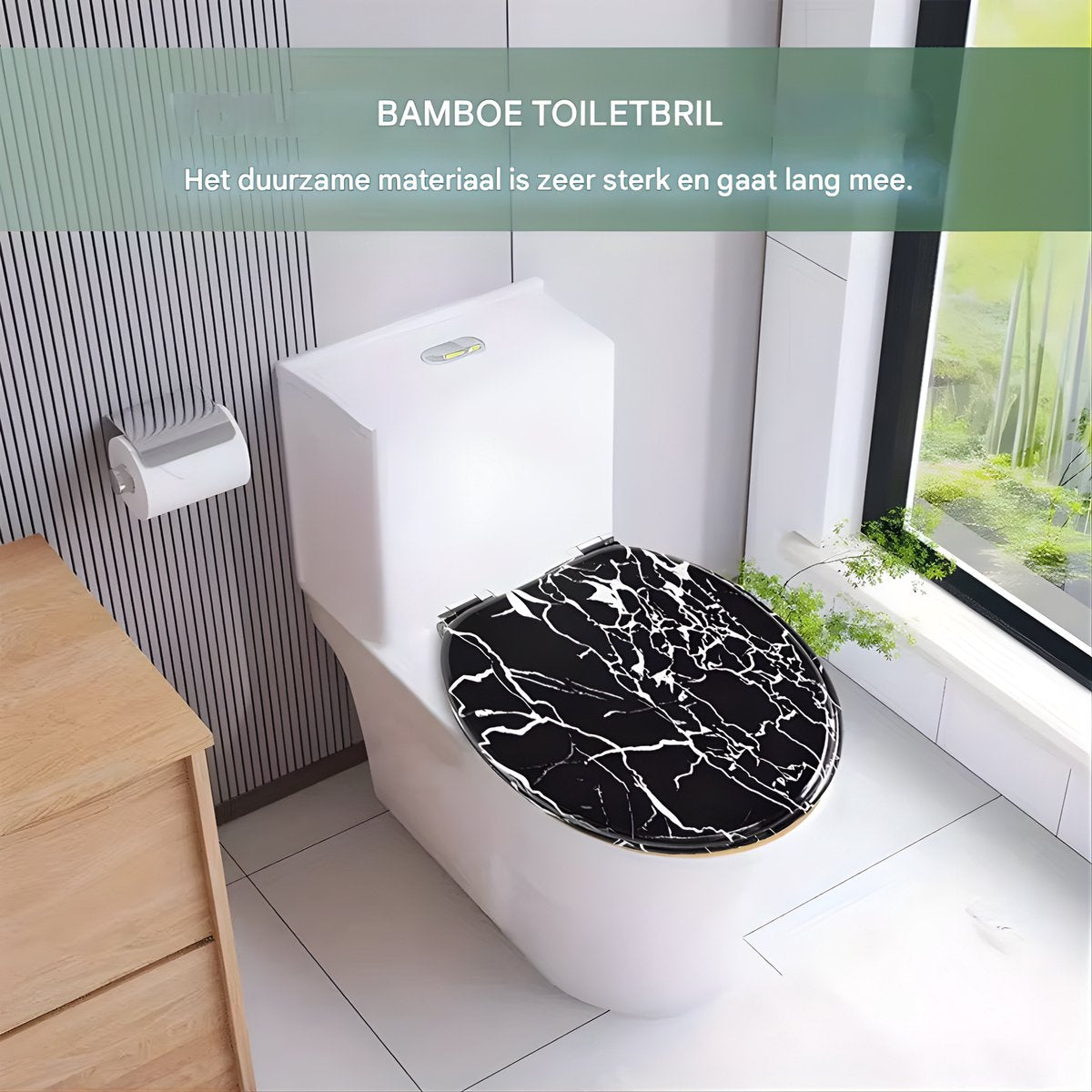 WC-bril - Toiletbril – Voor Toilet & Badkamer – Soft-Close - Duurzaam Kunststof - Zwart marmer motief